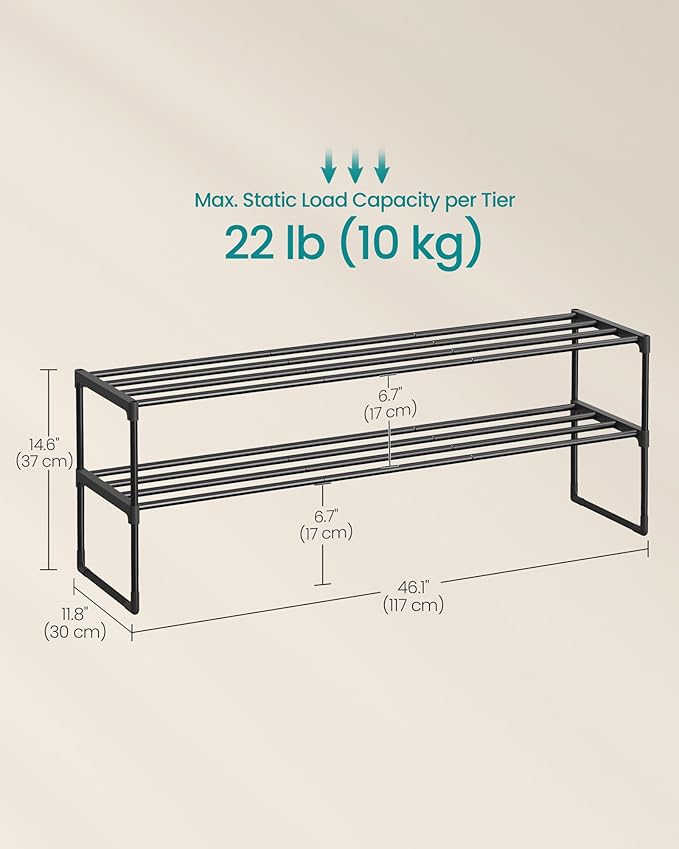 SONGMICS Shoe Rack, 2-Tier Shoe Organizer, Metal Storage Shelf, Upright or Upside Down, for 15-18 Pairs, Stackable, for Entry