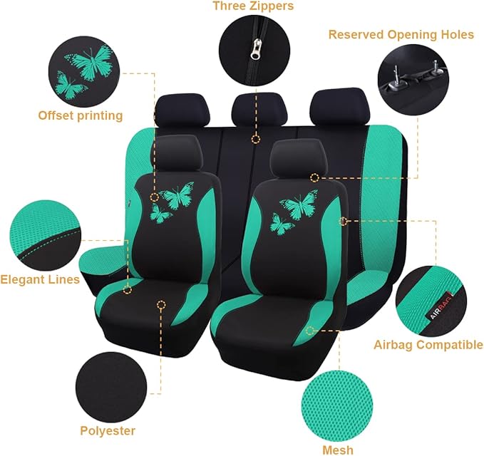 Flying Banner Butterfly car seat Covers ful Set Fashion Universal Lady Woman Female Rear Bench Split Colorized (Full Set, Min