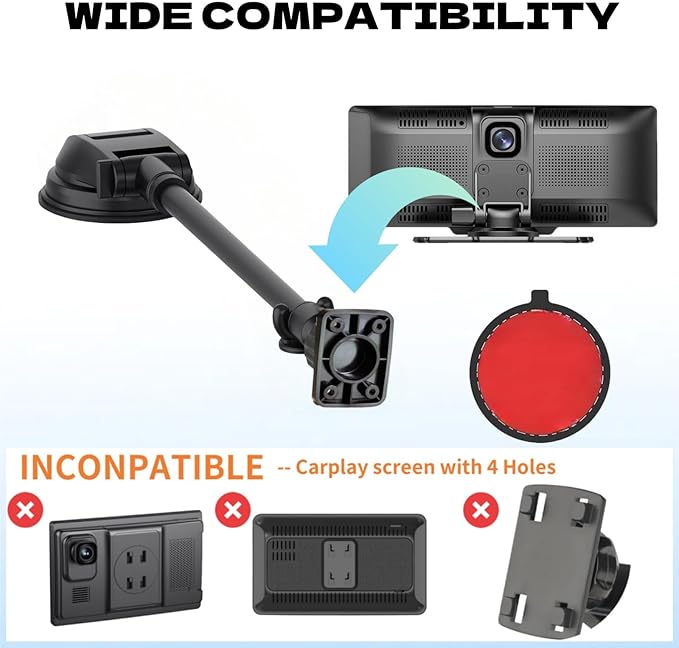 Suction Cup Mount for Carplay Screen with Scrwes, 11.8” Long Arm 360° Adjustable Aluminum Alloy Arm, Strength Windshield Dashboard Mount with 78mm Adhesive Disk for All Car Display Holder