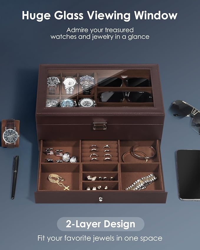 Kukikan Watch Jewelry Box Organizer, 6-Slot 2-Layer Watch Case and Sunglasses Storage with Large Glass Lid, Mens Jewelry