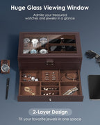 Kukikan Watch Jewelry Box Organizer, 6-Slot 2-Layer Watch Case and Sunglasses Storage with Large Glass Lid, Mens Jewelry