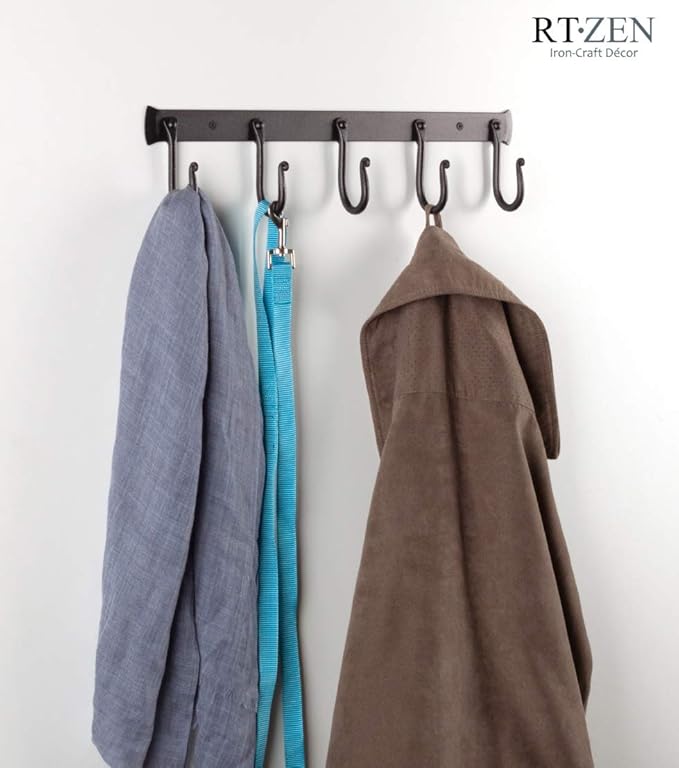 RTZEN Wall Mount Hook Set - Wrought Iron Decorative Rustic Metal Coat Hooks for Hanging - Handcrafted Classic Farmhouse Wall 