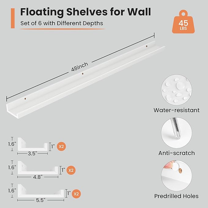 Fun Memories Picture Ledge Shelf, 48 Inch Long Floating Shelves Set of 6, Picture Shelf for Wall with Lip, Large Nursery Book