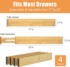 Bamboo Drawer Dividers,17-22" Adjustable Kitchen Drawer Organizer for Clothes,4 Pack Expandable Drawer Organization Separator