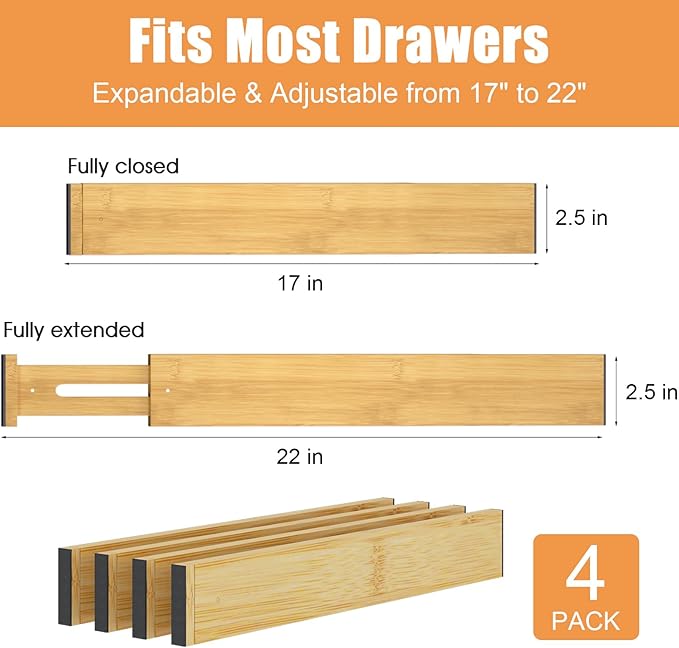 Bamboo Drawer Dividers,17-22" Adjustable Kitchen Drawer Organizer for Clothes,4 Pack Expandable Drawer Organization Separator