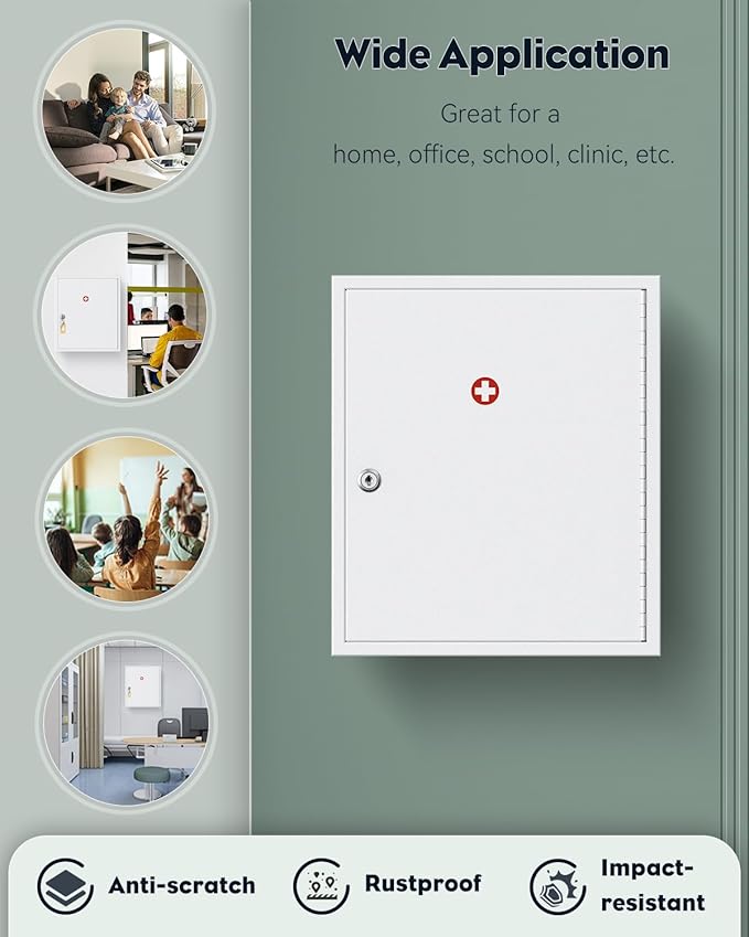 Uniclife Wall Mount Medicine Cabinet with Key Lock Locking First Aid Cabinet Lockable Medical Cabinet Large Capacity Medicine