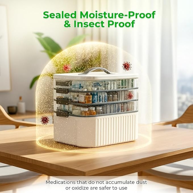 Multi-Tier Medicine Storage Box with Handle | Portable First Aid Organizer for Home, Office & Travel | Large Pill Storage Cab