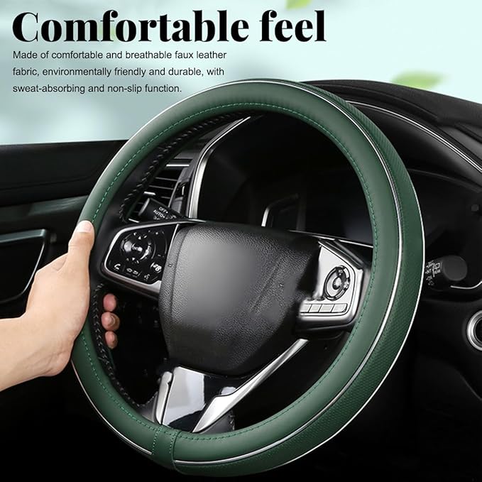 Yourkar Leather Steering Wheel Cover, Breathable Anti-Slip Car Steering Wheel Protector for Max Diameter 15 Inch, Universal A