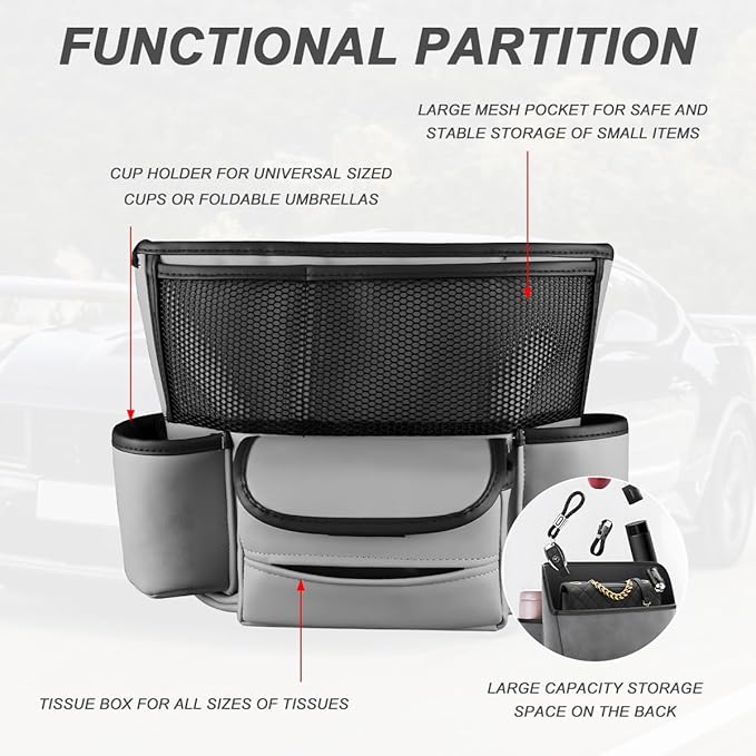 Car Handbag Holder Between Seats, Large Capacity Leather Organizer Auto Purse Holder with Tissue Box, Double-Sided Central Storage Bag Front Seat Barrier for Most Vehicles (Gray)