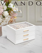Vlando Jewelry Box for Women, Glass Lid Jewelry Organizer with 3 Drawers for Necklaces Rings Earrings Bracelets Christmas Gif