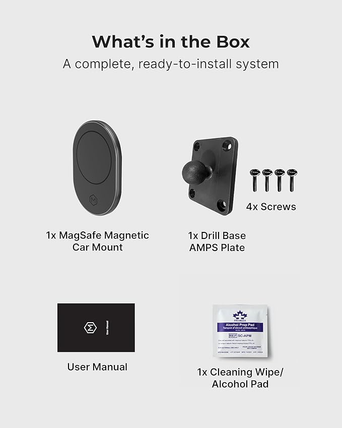 Magsafe Magnetic Car Cell Phone Holder with AMPS Mounting Plate - Fast Charging Phone Stand Compatible with MagSafe, iPhone, Samsung (Drill Base AMPS Plate)