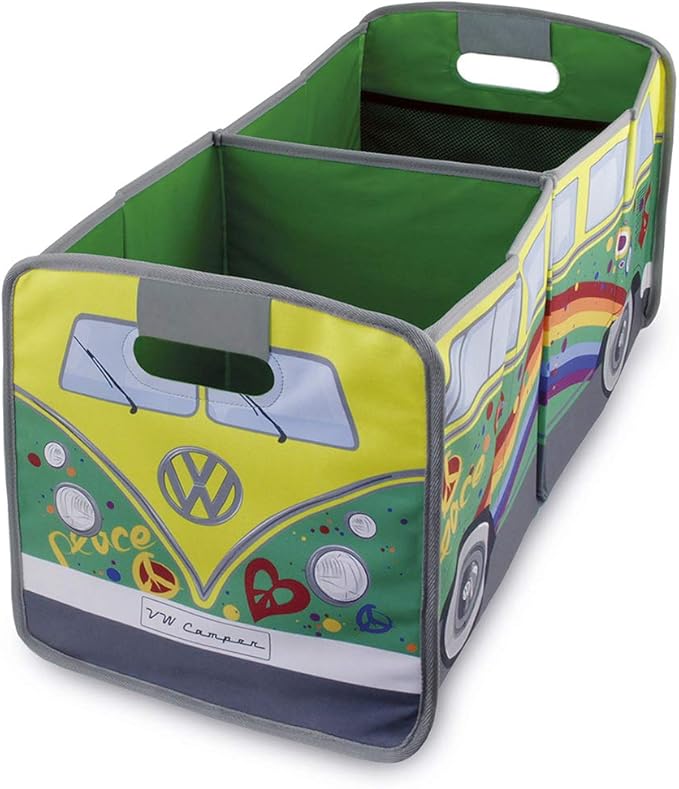 BRISA VW Collection - Volkswagen Foldable Storage Trunk Box Bag for Grocery Shopping in VW T1 Bus Campervan Shape (Peace/Green)