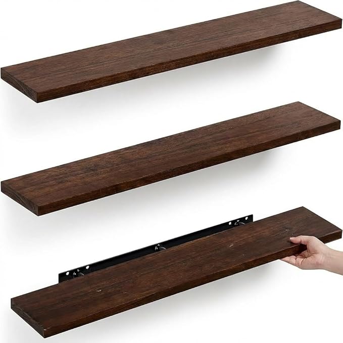 IEO Long Wooden Floating Shelves for Room Wall, Natural Wood Floating Shelves Wall Mounted Kitchen Shelf for Living Room, Bed