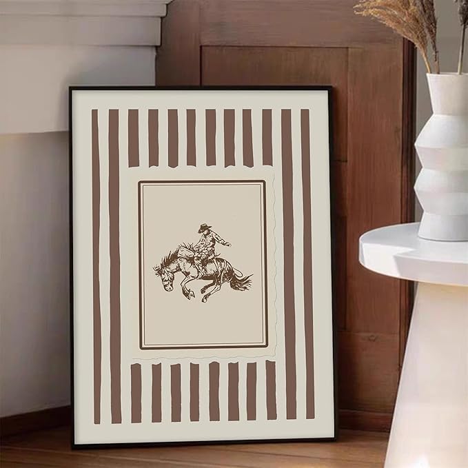 Vintage Western Black Framed Wall Art Striped Rodeo Decor Southwest Cowboy Poster Canvas Prints Retro Stamp Mid West Mid Cent