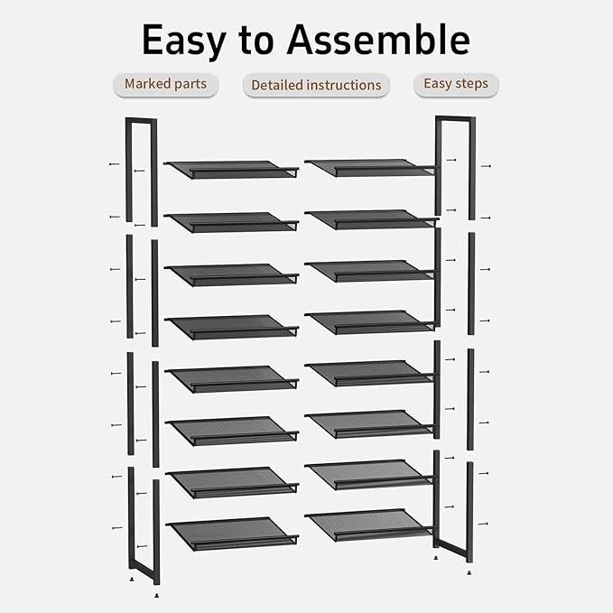 Shoe Rack, 8-Tier Metal Shoe Organizer, Tall Shoe Rack for Closet,entryway,Garage, with Adjustable Flat or Angled Shelves, 32