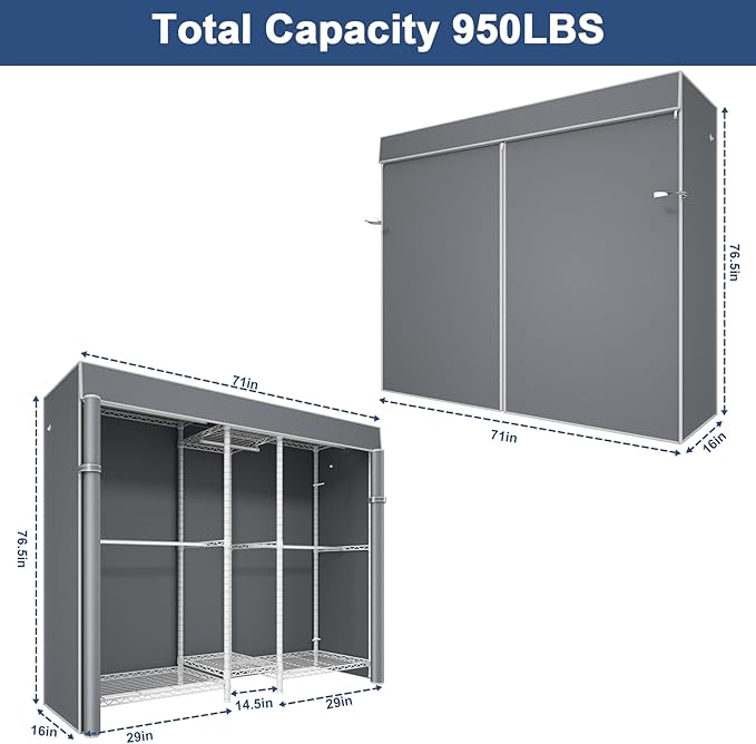 Ulif E12C Pro Heavy Duty Closet Organizer System，Freestanding Clothing Racks for Hanging Clothes，Adjustable Garment Rack 71"W