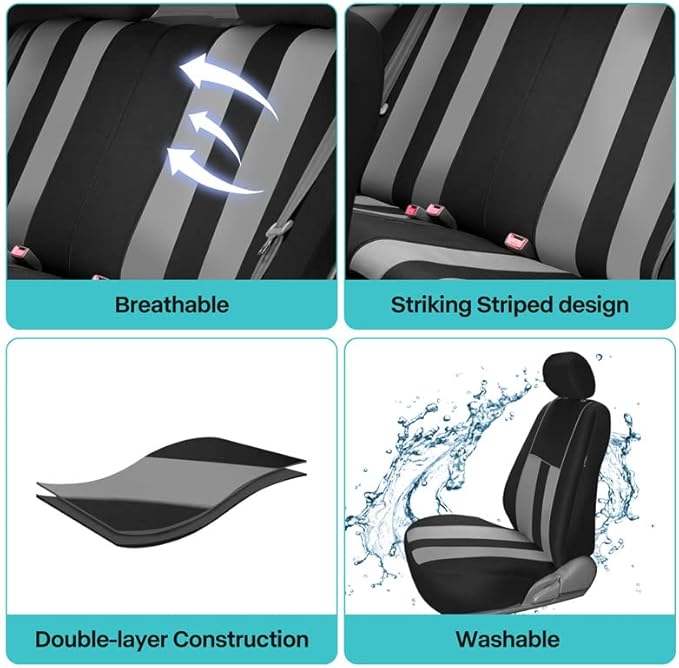 FH Group Car Seat Cover Full Set Striking Striped Gray Car Seat Covers with Front Seat Covers and Rear Split Bench Car Seat C