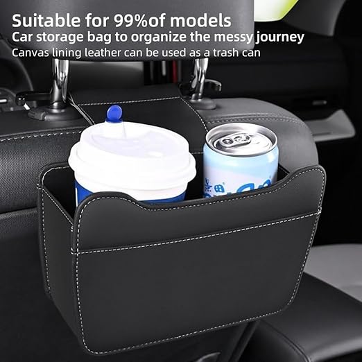 Car Leather Trash Can for Headrest, Hanging Garbage Bin, Waterproof Foldable Stroage Organizer for Car, Multipurpose Interior Accessories for SUV Truck RV Camping(Black Seat headrest)