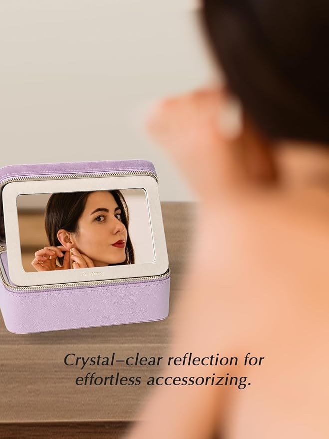 Velvet Travel Jewelry Box with Large Mirror, Double-Layer Jewelry Organizer Case for Women and Girls, Portable Storage Case w