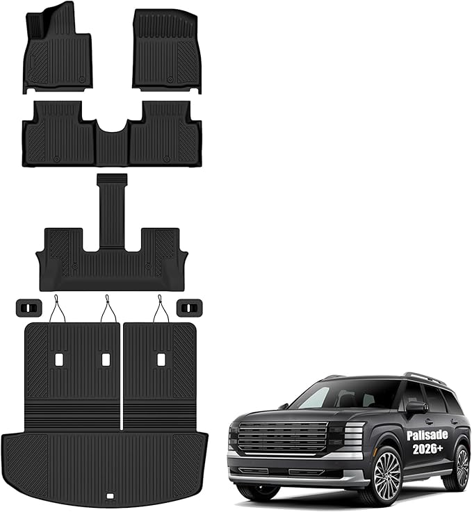 Auxko All Weather Floor Mats Cargo Mat with Backrest Mat for Hyundai Palisade Gasoline 2026 7/8 Seats All Season TPE Accessories Odorless Anti-Slip Floor Liners Trunk Liner with Back Seat Protector