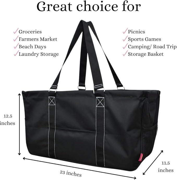 NGIL Extra Large Utility Tote Reusable Grocery Bag Oversized Collapsible for Groceries, Storage, Picnic, Beach (Solid Black-black)