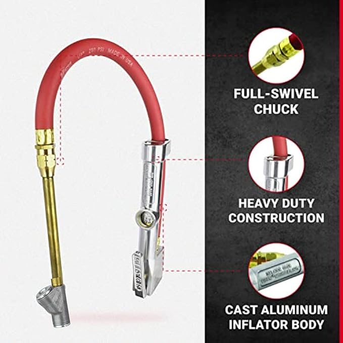 New & Improved - Tire Inflator Gauge with Dual Head Straight Foot Air Chuck 15” Air Hose 10-160 PSI