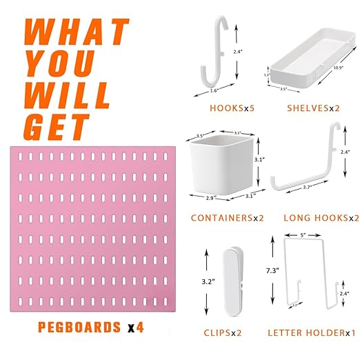 Pegboard Combination Kit, 4 Peg Boards Pink Pegboard for Walls, Office Wall Organizer, Gaming Room Wall, Nursery Storage, 22"