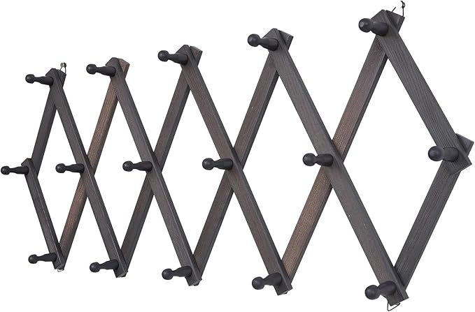 SCUNDA Rustic Wall Mounted Hat Rack with Space Saving Accordion Design, Expandable Hat Holder with 16 Wood Hooks, Modern Farm