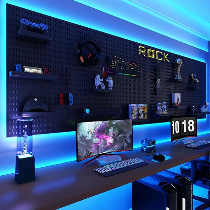 Peg Board with RGB+IC LED Strip Lights,2PCS Metal Pegboard Panels,Heavy Duty Pegboard Gaming Room Wall Organizer with Hooks,D