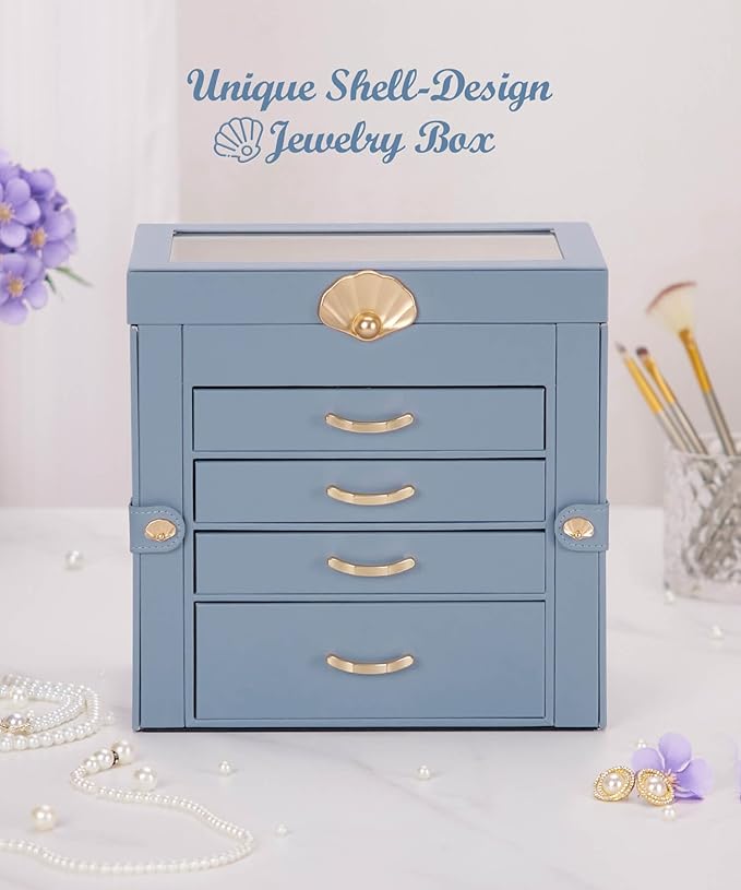 Enthralite Jewelry Box with 4 Drawers: Display Organizer for Earrings Necklaces - Gifts for Girls Women (Grey Blue)