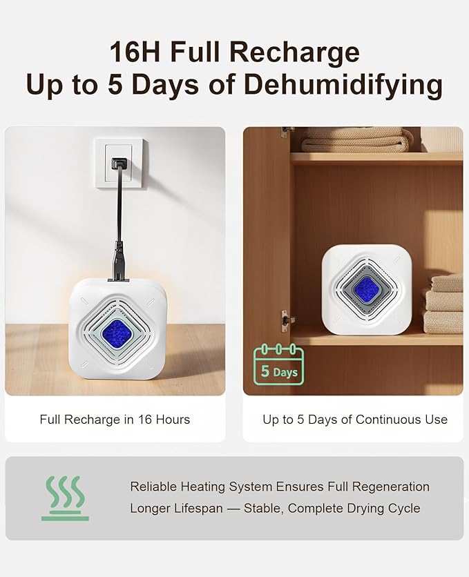 Dehumidifier for Bathroom with Color-Changing Beads, Rechargeable Small Dehumidifier for Closet, Portable Gun Safe