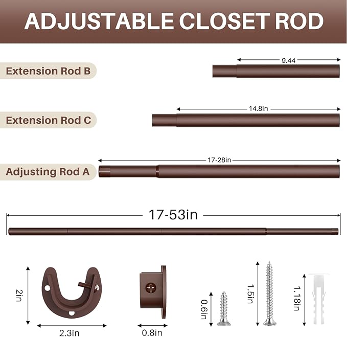 Closet Rod - Closet Rods for Hanging Clothes, 17 to 53 inch Adjustable Closet Hanging Rod, Heavy Duty Clothes Rod Clothing Ba