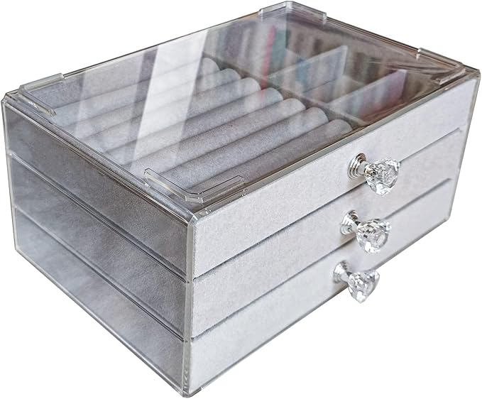 Clear Acrylic Velvet Jewelry Organizer with 3 Drawers, Stackable Display Storage Earrings Necklace Rings Bracelets Box Holder