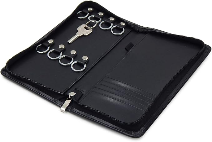 OFFIDIX PU Leather Portable Key Cabinet,8-Key Hooks Portable Zippered Key Case Menus Card Organizer Holder Business Padfolio 