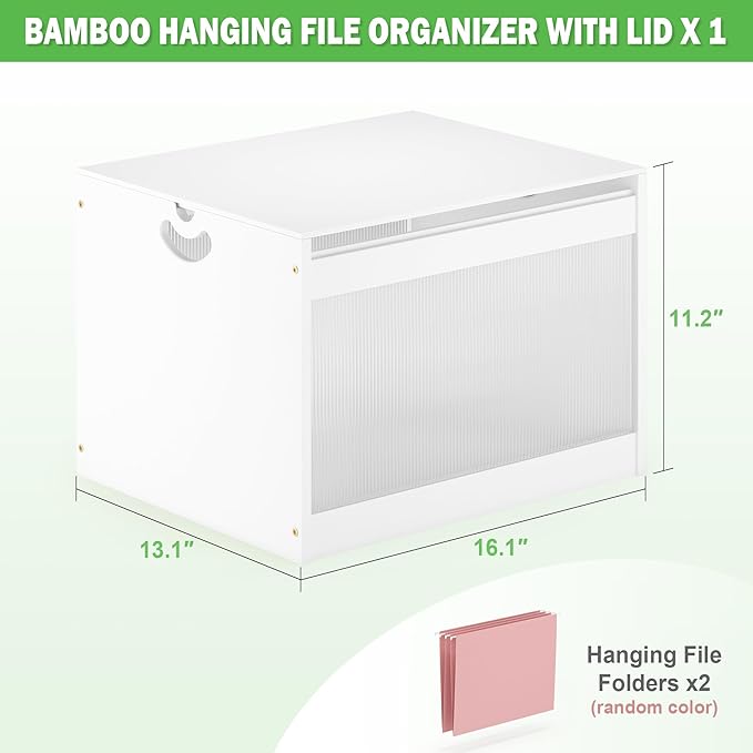 Hanging File Box Organizer for Letter Size, Bamboo Acrylic File Folder Storage with Lid Clear Moving Boxes Wooden with Handle