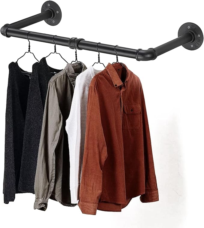 Wall Mounted Clothes Rack - 36" Industrial Pipe Clothing Garment Rack, Space - Saving Heavy Duty Detachable Black Iron Clothe