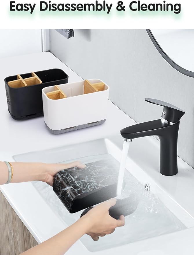 GFWARE Marble Toothbrush Holders, 5 Slots Bamboo Toothbrush and Toothpaste Holder for Bathroom Counter with Drainage, Kids El