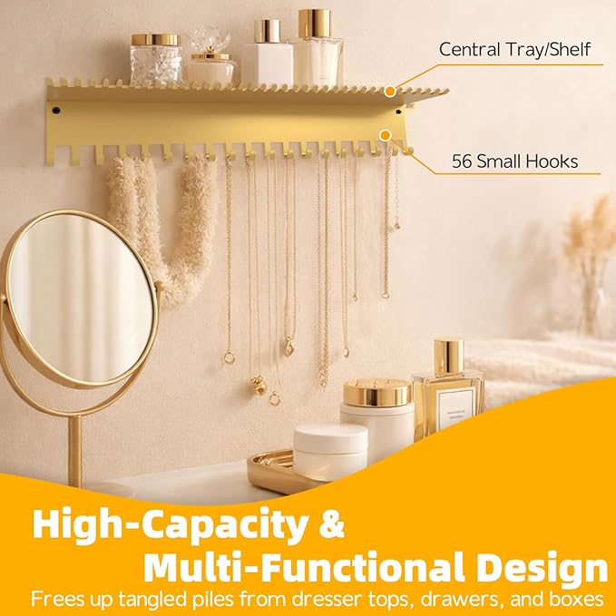 Necklace Jewelry Holder Wall Hanging Organizer Hangers Storage Mounted Shelf with 56 Hooks Tray Display Girls Women Metal Doo