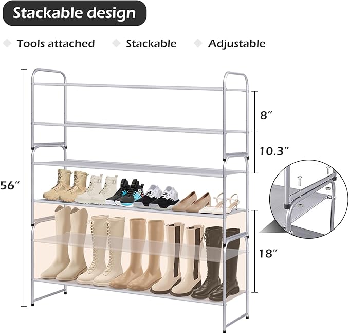 MISSLO 2 Tier Long Shoe Rack for Closet Shoe Organizer Holds 18-Pairs, Wide Low Stackable Shoe Storage Shelf for Bedroom Floo