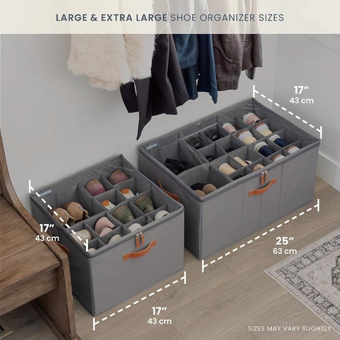 OrganiHaus Large Shoe Storage Bin for Closet, Shoe Organizer Box Fits up to 16 Pairs, Collapsible Fabric Shoe Basket w/Clear 