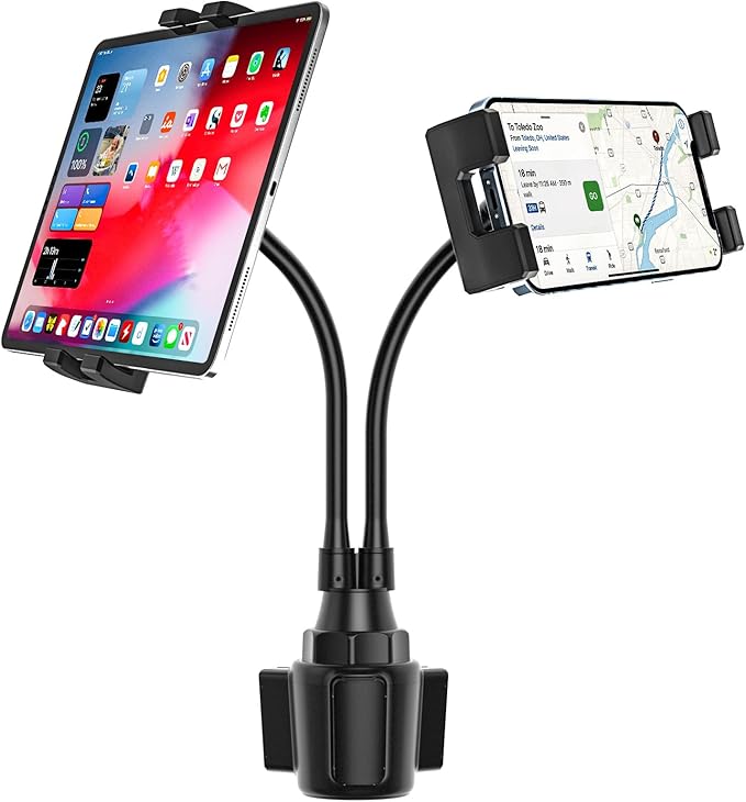 Dual Car Tablet Mount for Cup Holder, Gooseneck Car Cupholder Tablet Holder with Strong Long Arm 10" for 4-12.9" Devices, iPad Pro Air Mini, Galaxy Tabs, Huawei, iPhone, Tablets & Phones