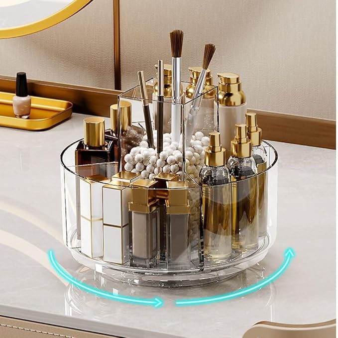 LINFIDITE 360 Rotating Makeup Organizer Clear Cosmetic Storage Holder Tray with 6 Compartment Makeup Brush Lip Gloss Organize