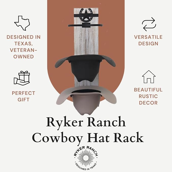 Ryker Ranch Cowboy Hat Rack for Wall | Western Hat Rack for Cowboy Hats | Rustic White Wood and Metal Cowboy Hat Holder for W