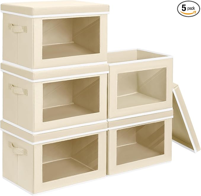 Homsorout Storage Cubes with Lids - 5 Pack Foldable Clear Window Storage Bins, Large Decorative Storage Bins with Handles, St