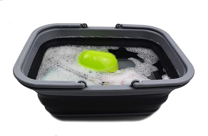 SAMMART Collapsible Washing Tub with Handles 9.2L (2.37Gallon) - Portable Outdoor Picnic Basket/Crate - Foldable Space Saving Storage Container for Dishing, Camping & Home (1, Dark Grey/Black)
