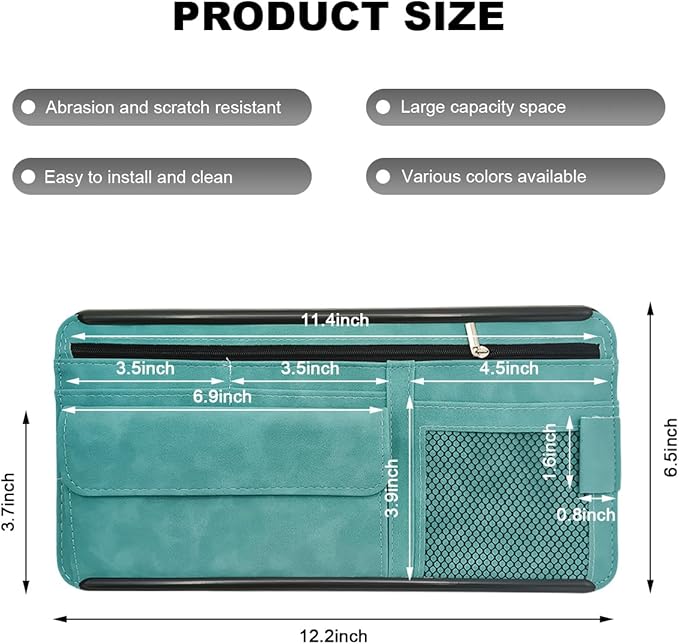 Car Sun Visor Organizer, Leather Sun Visor Pocket Organizer Case with Multi-Pocket Net Zipper, Suede Note Holder Car Visor Storage Pouch for Card Pen Sunglasses Document (Blue)