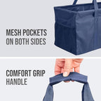 Extra Large Utility Tote Bag - Oversized Collapsible Tote with Wire Frame, Durable Reusable for Beach, Groceries, Laundry, Car Trunk, Storage and Travel - Includes 5x7 Bag with Hook - Navy Blue