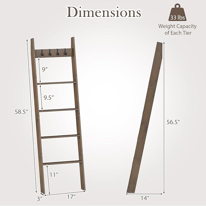 Giantex Bamboo Blanket Ladder, 5-Tier Ladder Shelf w/ 4 Removable Hooks, Decorative Wall Leaning Ladder, Blanket Holder w/Ant