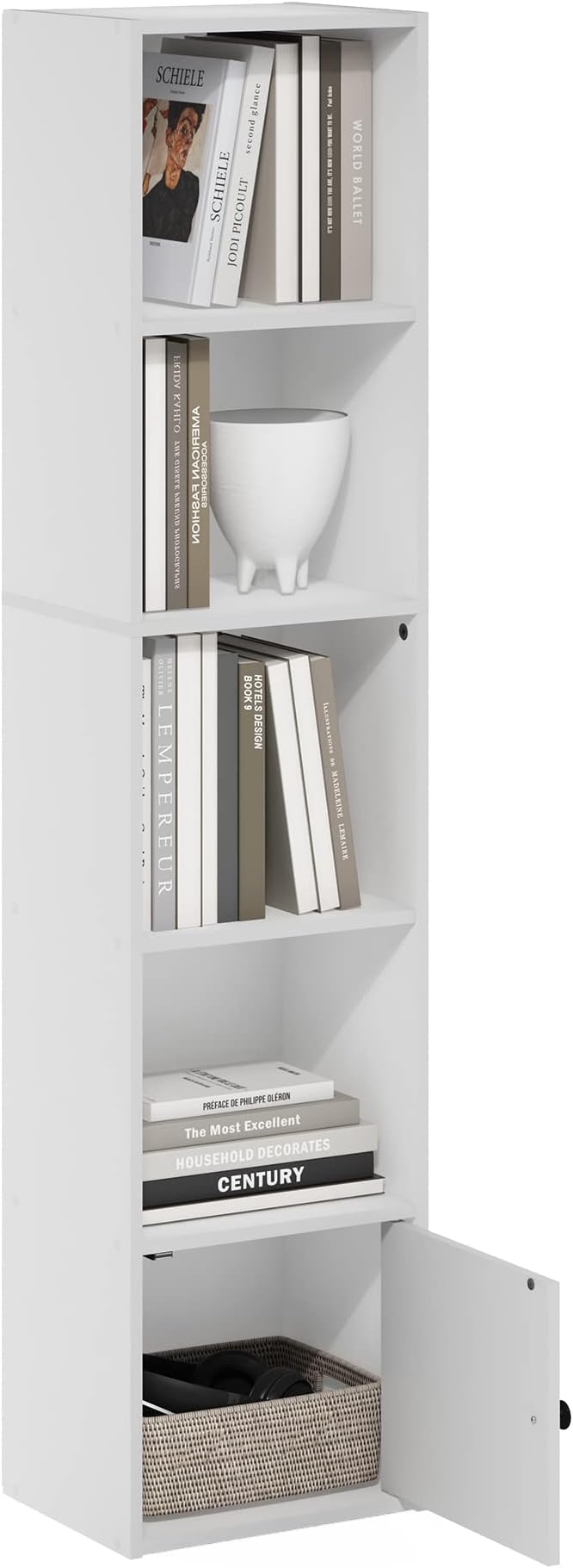 Furinno LUDER Book Shelf, 5-Tier Modern Bookshelf, Bookcase with 1 Door Storage Cabinet, 9.3 x 12 x 52, for Organization and 
