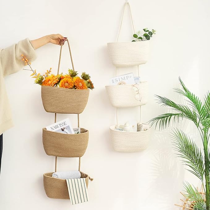 TeoKJ Over the Door Hanging Basket, 3-Tier Woven Cotton Wall-Mounted Storage Organizer Bag Decorative Hanging Nursery Baskets